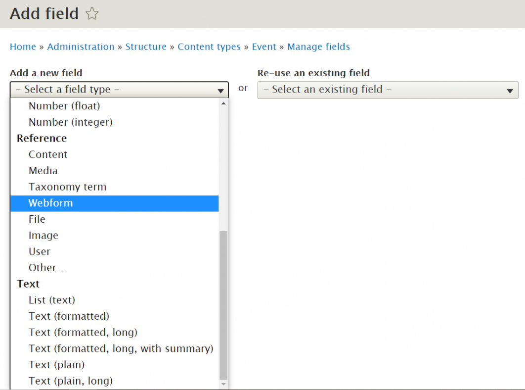 Adding webform field to drupal content type