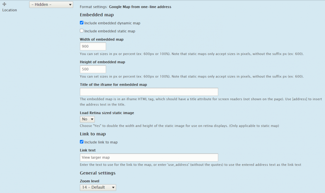 Settings for location field with simple google maps module