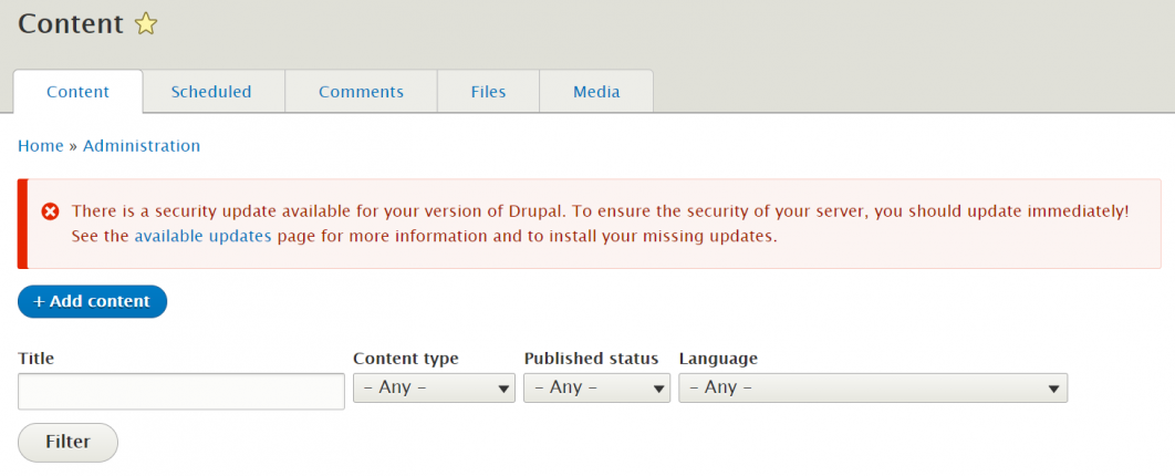 Security updates in Drupal admin dashboard