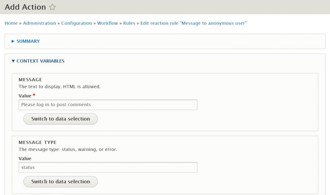 Configuring action in Drupal rules