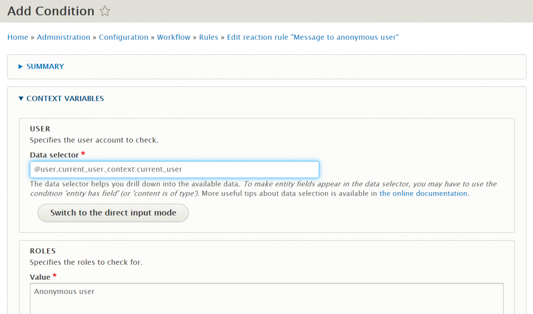 Configuring condition in Drupal rules