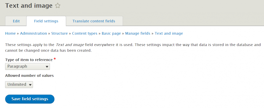 Configuring Drupal paragraph filed in content type