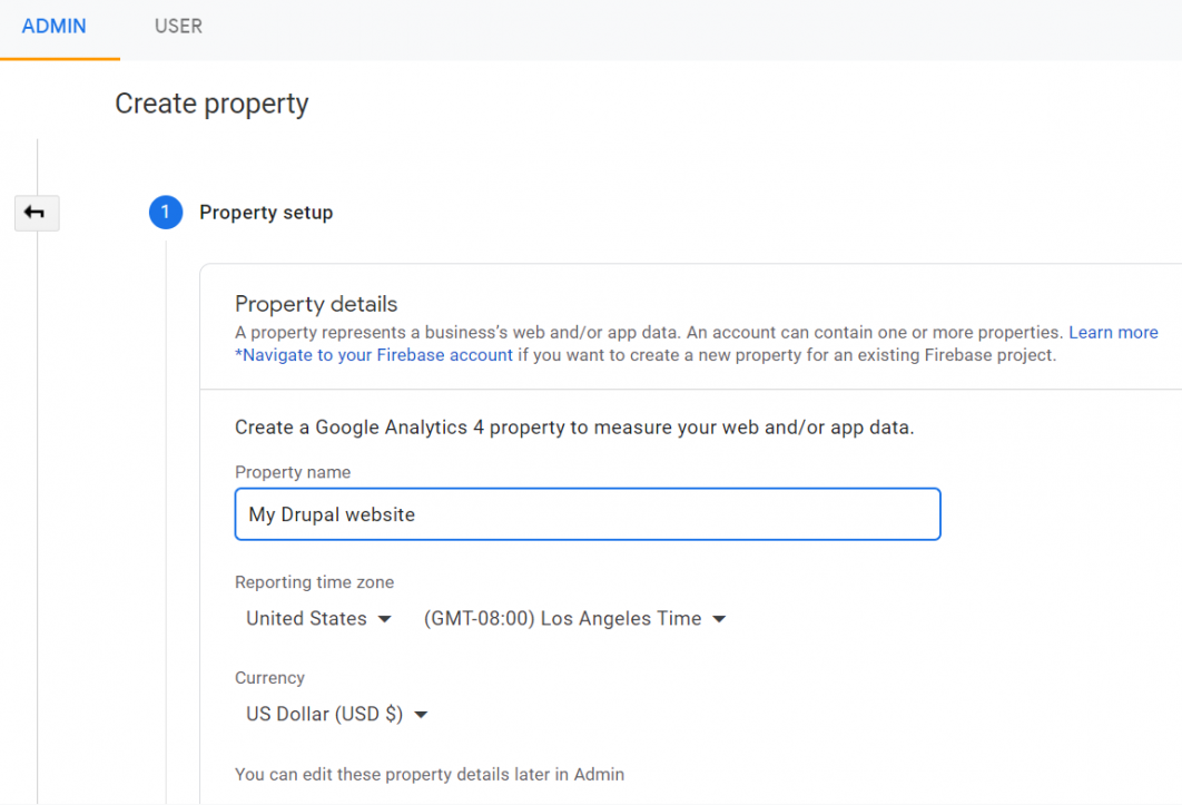 Creating property at google analytics