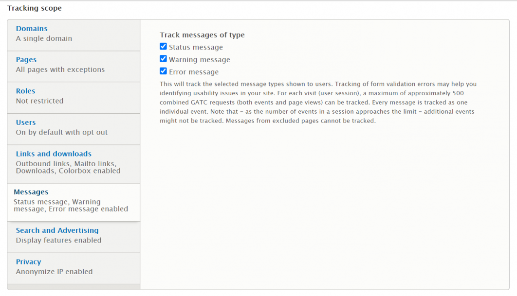 Message tracking with drupal google analytics module