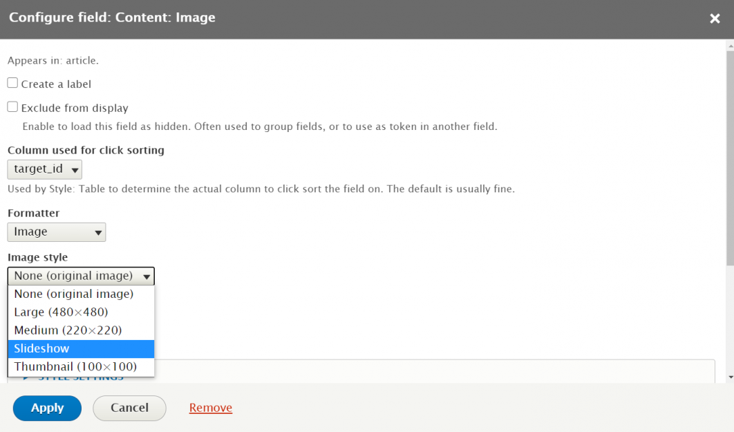 Attaching drupal image style to image field in slideshow view