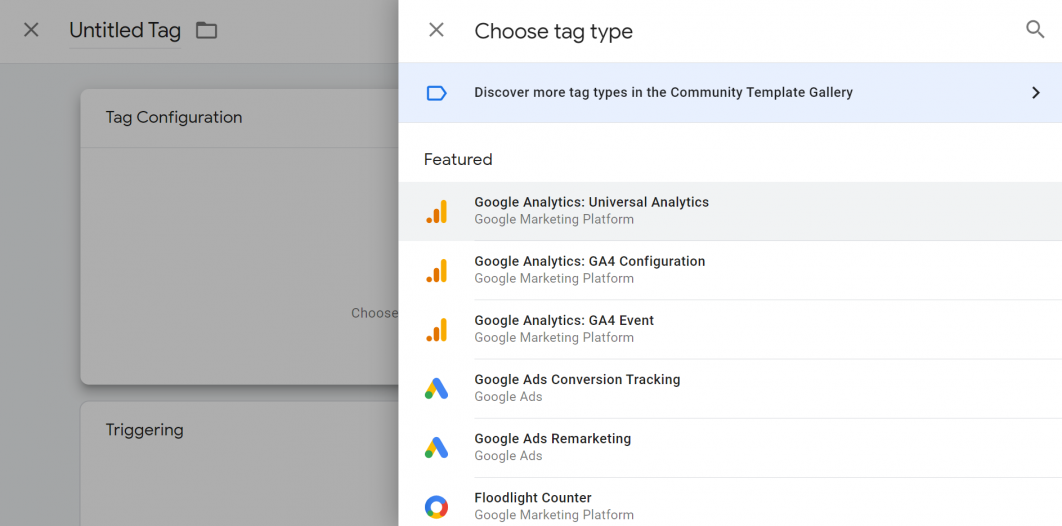 Choosing Google analytics tag in GTM