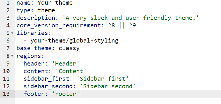 Info yml file example for theme